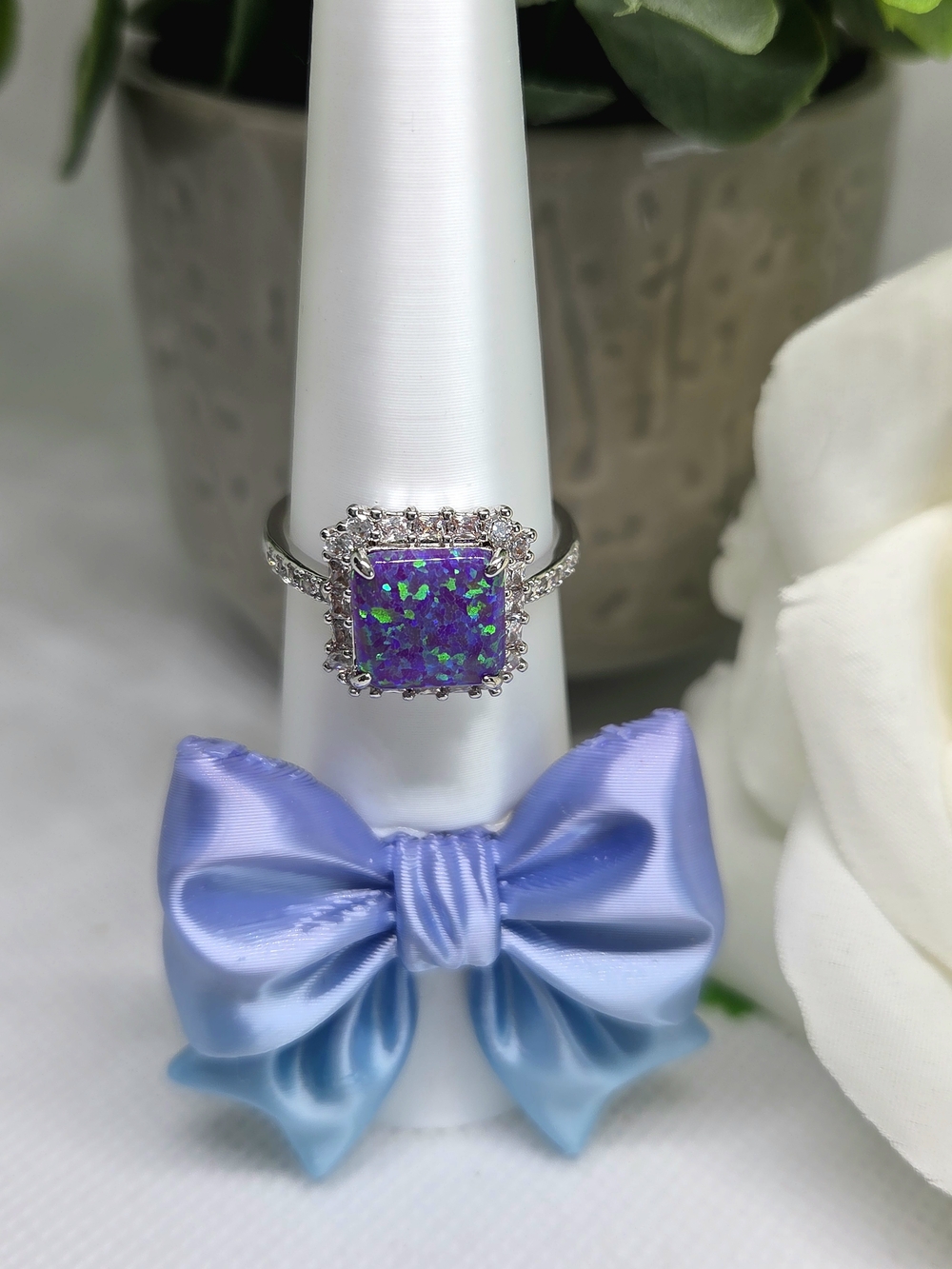 BP Purple Opal Halo Square Ring On Rhodium Plating